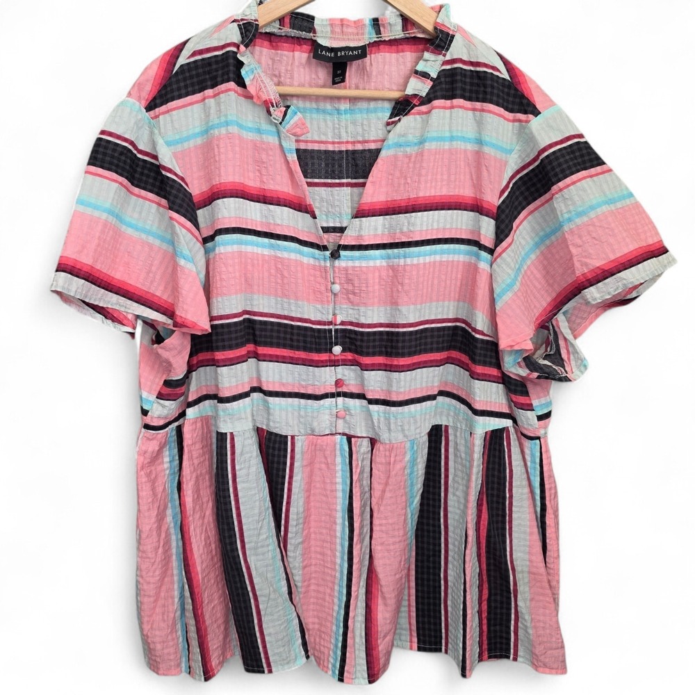 Lane Bryant Top‎ Womens Plus 22 Pink Blue Ruffle Striped Neck Tie Blouse Casual